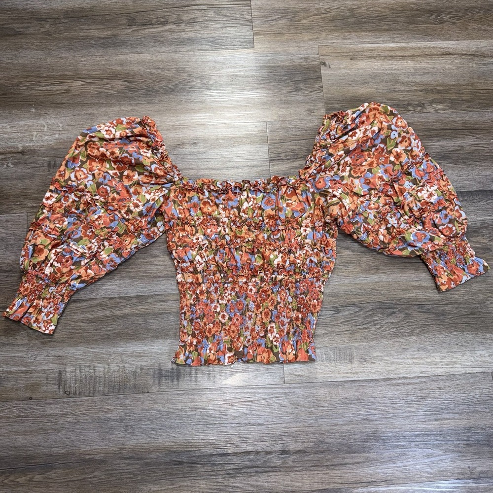 House of Harlow 1960 Womens M Charisma Orange Floral Puff-Sleeve Smocked Top